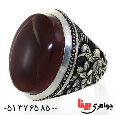انگشتر عقیق یمنی درشت فاخر طرح هدهد و غزال _کد:1702