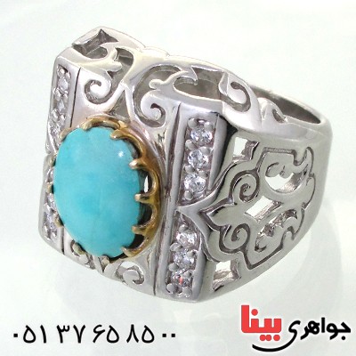 انگشتر فیروزه نیشابوری عجمی مردانه درشت اسلیمی دور طلایی