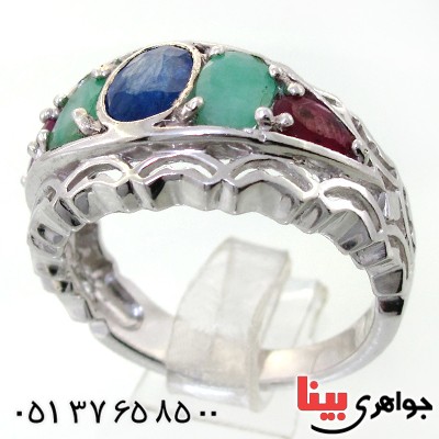 انگشتر چند جواهر یاقوت کبود، یاقوت سرخ و زمرد مردانه مرغوب _کد:12190