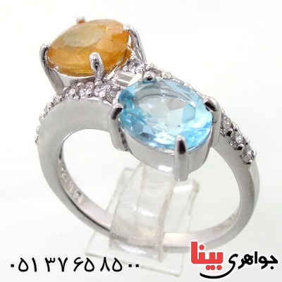 انگشتر یاقوت زرد و توپاز زنانه رودیوم لوکس درشت دوقلو