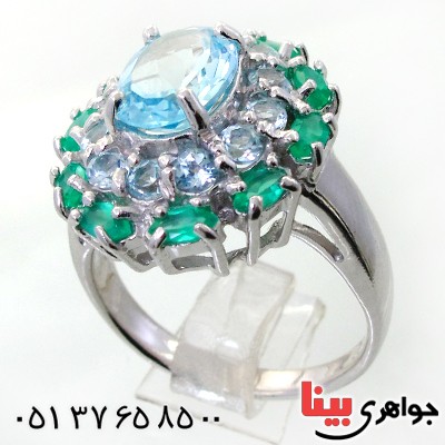 انگشتر توپاز دور زمرد زنانه درشت رودیوم لوکس فاخر