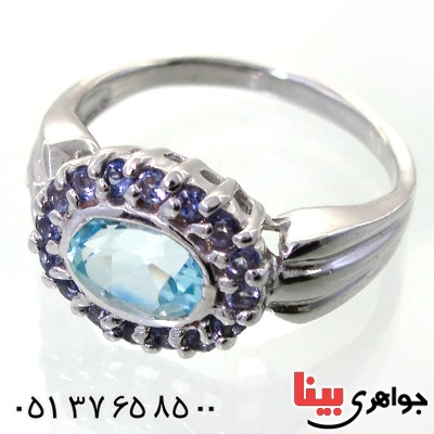 انگشتر آکوآمارین زنانه رودیوم لوکس مدل دور آمتیست _کد:12345