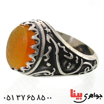 انگشتر عقیق شرف الشمس مردانه درشت سیاه قلم مدل یا حسین با حکاکی و من یتق الله