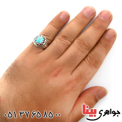 انگشتر فیروزه نیشابوری شجری مردانه دور اشکی اسلیمی _کد:12526