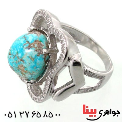 انگشتر فیروزه نیشابوری شجری زنانه رودیوم لوکس درشت فاخر مدل پروا