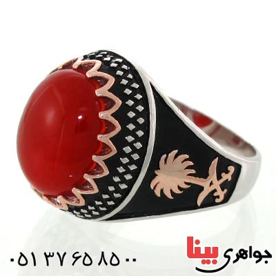 انگشتر عقیق قرمز مردانه طرح نخل و شمشیر سیاه قلم