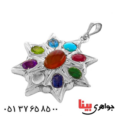 گردنبند چند جواهر عقیق یمنی،فیروزه و زمرد درشت و سنگین طرح خورشید _کد:12955