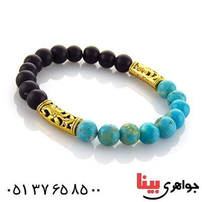 دستبند عقیق سیاه (اونیکس) مات و فیروزه تبتی