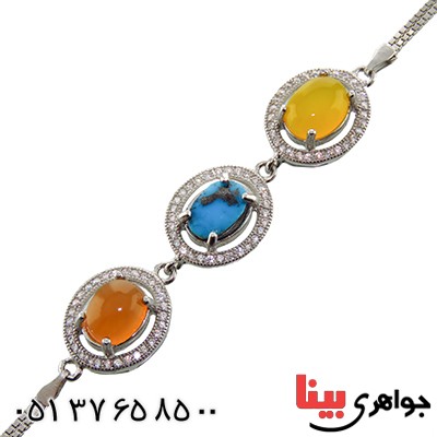 دستبند چند جواهر عقیق یمنی و فیروزه نیشابوری میکروستینگ زنانه _کد:13009