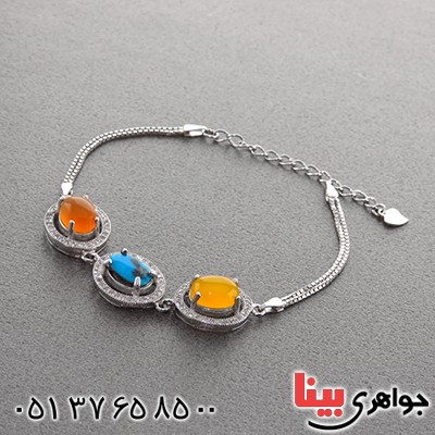 دستبند چند جواهر عقیق یمنی و فیروزه نیشابوری میکروستینگ زنانه _کد:13009