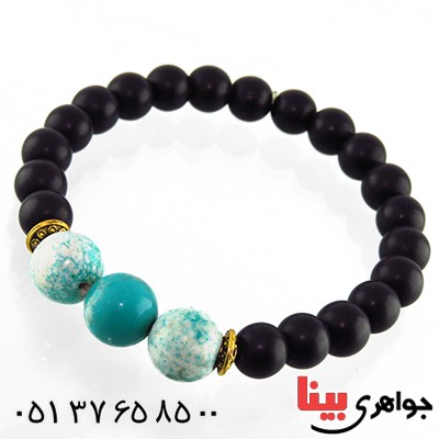 دستبند عقیق سیاه (اونیکس) مات و فیروزه تبتی