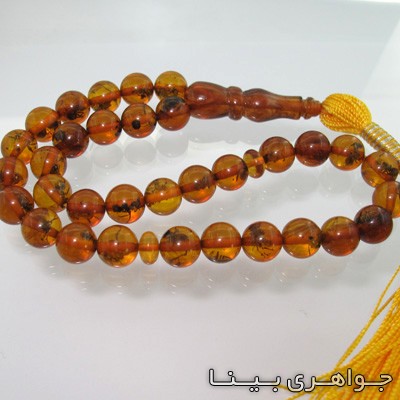 تسبیح کهربا حشره ای عسلی رنگ