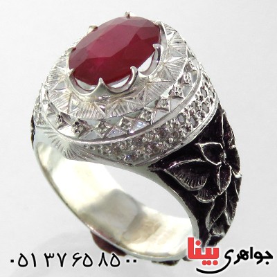 انگشتر یاقوت سرخ خوشرنگ مردانه درشت قلم زنی فاخر _کد:1877