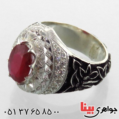انگشتر یاقوت سرخ خوشرنگ مردانه درشت قلم زنی فاخر _کد:1877