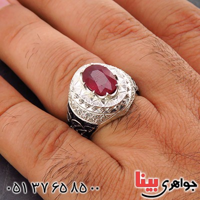 انگشتر یاقوت سرخ خوشرنگ مردانه درشت قلم زنی فاخر _کد:1877