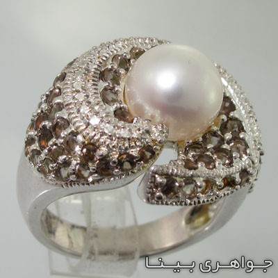 انگشتر چند جواهر مروارید و کوارتز دودی