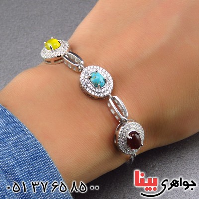 دستبند چند جواهر فیروزه نیشابوری و عقیق یمنی زنانه _کد:13634