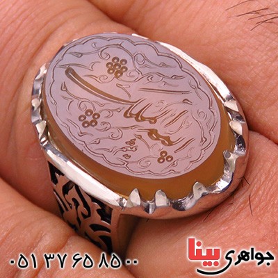 انگشتر عقیق یمنی مردانه درشت حکاکی گود الله الملک رکاب شبکه کاری _کد:13757