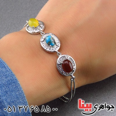 دستبند چند جواهر فیروزه نیشابوری و عقیق زنانه _کد:13851