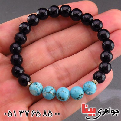 دستبند عقیق سیاه (اونیکس) تراش دار و فیروزه خوشرنگ _کد:13932 دستبند عقیق سیاه (اونیکس) تراش دار و فیروزه خوشرنگ _کد:13932