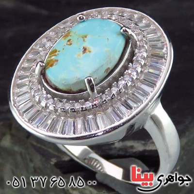 انگشتر فیروزه نیشابوری درشت زنانه رودیوم خوشرنگ _کد:14197