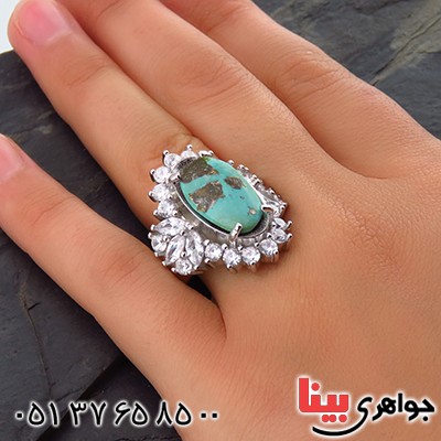 انگشتر فیروزه نیشابوری شجری درشت زنانه رودیوم فاخر _کد:1986