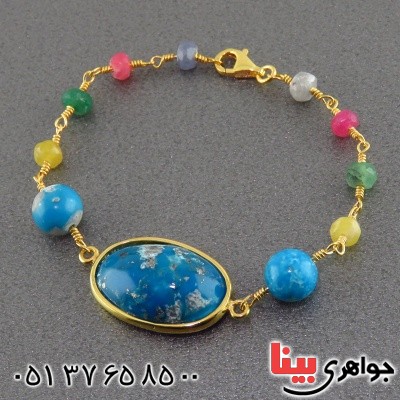 دستبند فیروزه نیشابوری شجری و یاقوت و زمرد زنانه مجلسی _کد:14838