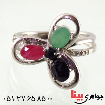انگشتر چند جواهر زمرد و یاقوت زنانه مدل گل _کد:14843