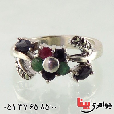 انگشتر یاقوت کبود و زمرد زنانه مدل گل پنج پر _کد:14848