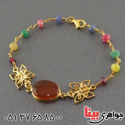 دستبند عقیق یمنی و یاقوت و زمرد زنانه با طرح پروانه _کد:14857
