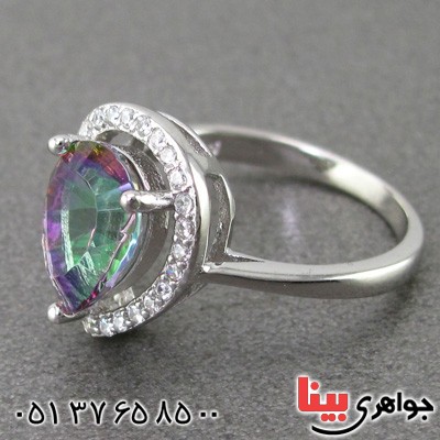 انگشتر توپاز هفت رنگ رودیوم زنانه مدل اشک _کد:15008
