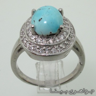 انگشتر فیروزه نیشابوری برلیان سوئیسی دو ردیفه
