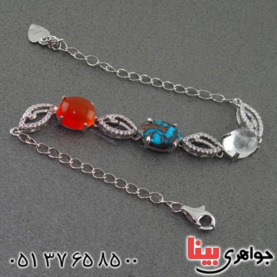 دستبند چند جواهر فیروزه نیشابوری شجری و عقیق یمنی و درنجف رودیوم زنانه _کد:15527