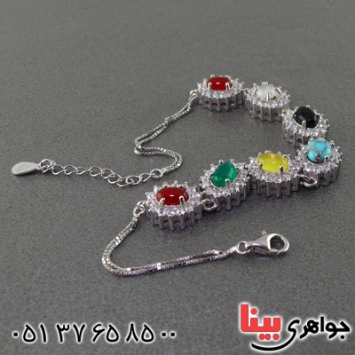 دستبند چند جواهر فیروزه نیشابوری و عقیق زنانه رودیوم _کد:15542