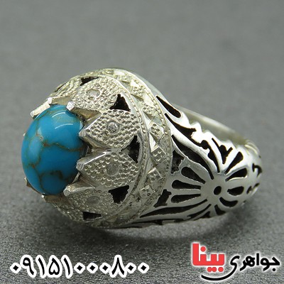 انگشتر فیروزه نیشابوری دور الماسی درشت مردانه تک