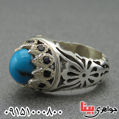انگشتر فیروزه نیشابوری دور یاقوت درشت مردانه