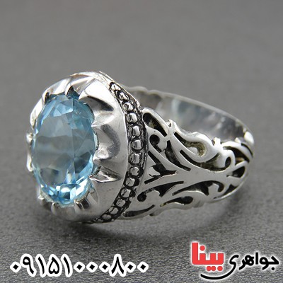 انگشتر توپاز آبی زلال مردانه اسلیمی _کد:2257