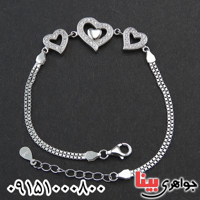 دستبند نقره زنانه رودیوم طرح قلب ها _کد:16066
