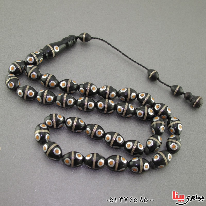 تسبیح کشکول (کوک) ۳۳ دانه ای نقره کوب مرغوب با مرصع کاری صدف و کهربا  _کد: 2447