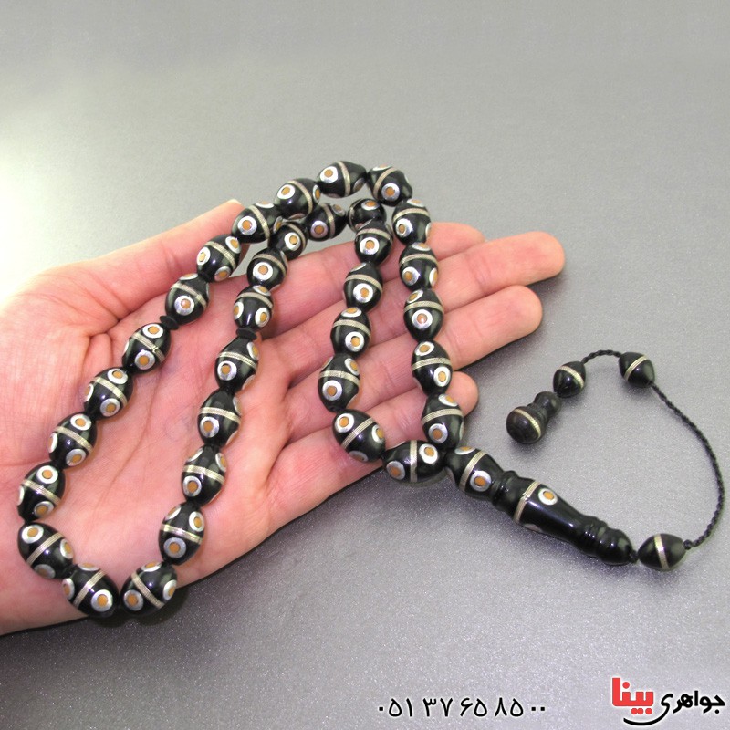 تسبیح کشکول (کوک) ۳۳ دانه ای نقره کوب مرغوب با مرصع کاری صدف و کهربا  _کد: 2447