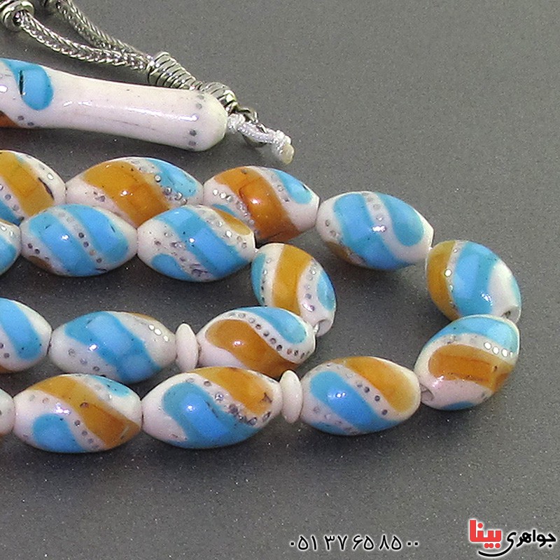 تسبیح استخوان 33 دانه ای نقره کوب با مرصع کاری فیروزه و کهربا _کد:16575