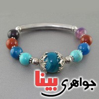 دستبند عقیق و فیروزه خوشرنگ مهره ای _کد:17093