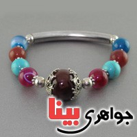 دستبند عقیق چند رنگ و فیروزه مهره ای بسیار زیبا _کد:17105