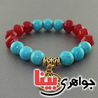 دستبند چند جواهر فیروزه ، جید سرخ درشت بسیار زیبا _کد:17964