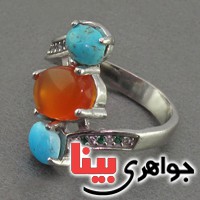 انگشتر چند جواهر عقیق یمنی ، فیروزه نیشابوری زنانه بسیار عالی _کد:18104