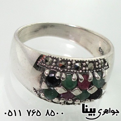 انگشتر چند جواهر دو ردیف یاقوت سرخ و کبود و زمرد