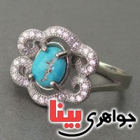انگشتر فیروزه نیشابوری رودیوم زنانه طرح گل _کد:18149