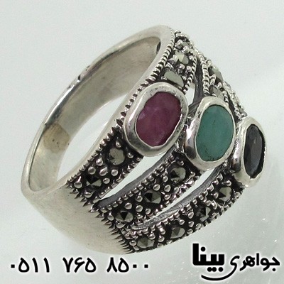 انگشتر چند جواهر سه ردیف یاقوت سرخ و کبود و زمرد