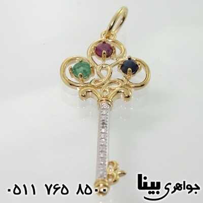 گردنبند چند جواهر یاقوت سرخ و کبود و زمرد طرح کلید