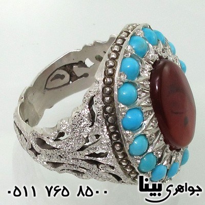 انگشتر چند جواهر دور فیروزه نیشابوری و عقیق انگشتر چند جواهر دور فیروزه نیشابوری و عقیق